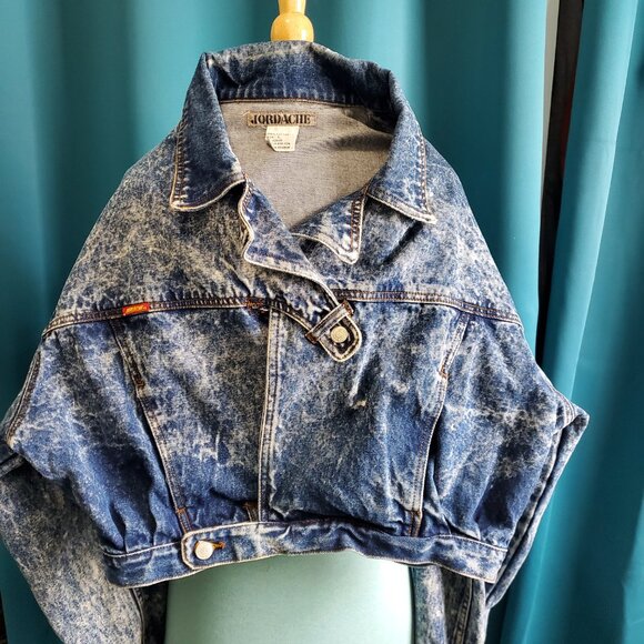 🔥Jordache Iconic 80s Acid Wash Denim Jacket | Wide Collar Cropped Oversized L🔥 - Picture 2 of 14